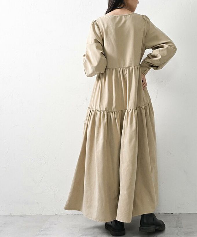 日本 ELENCARE DUE - V領拉鏈桃皮絨優美長袖洋裝-黑