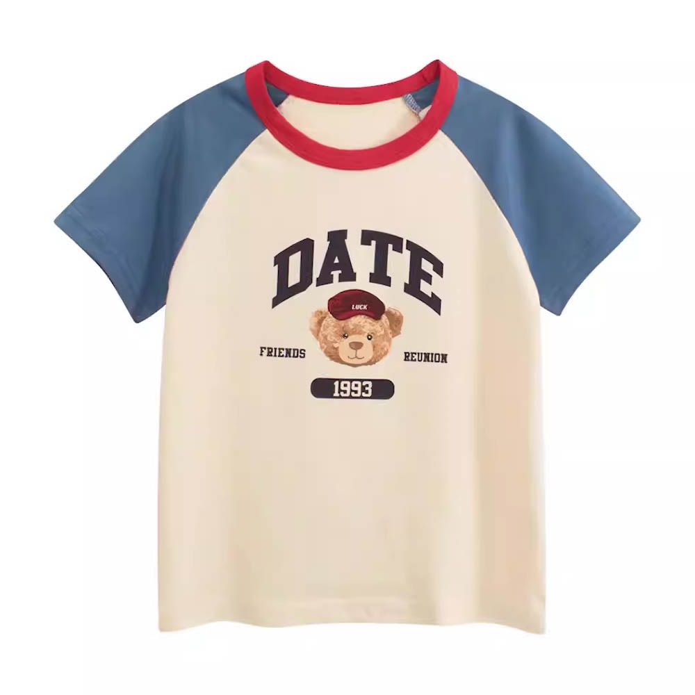 純棉短袖上衣-可愛熊頭-米杏/藍