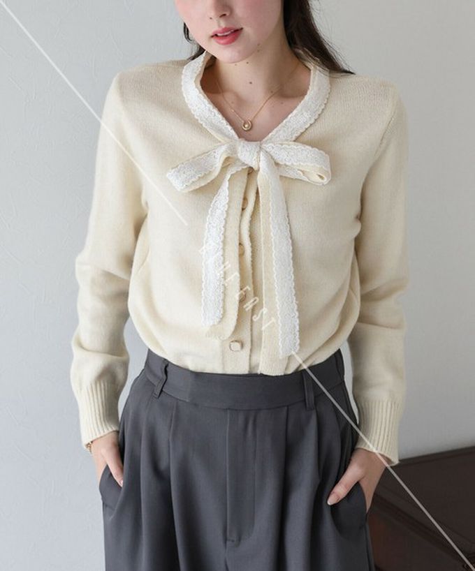 日本 BLUE EAST - 少女爛漫蕾絲蝴蝶結開襟衫-灰