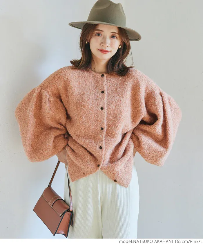 日本 COCA - 澎澎氣球袖針織開襟衫-橘粉