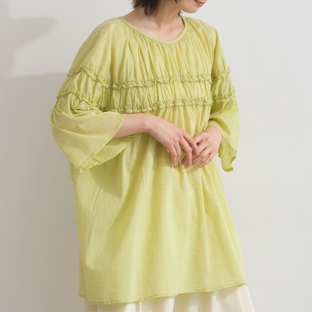 100%棉 輕盈感皺摺廓形五分袖上衣-萊姆綠