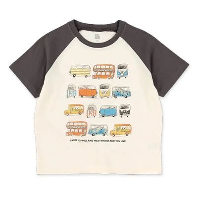 日本西松屋 - 童趣插畫車車短袖上衣-炭灰x白
