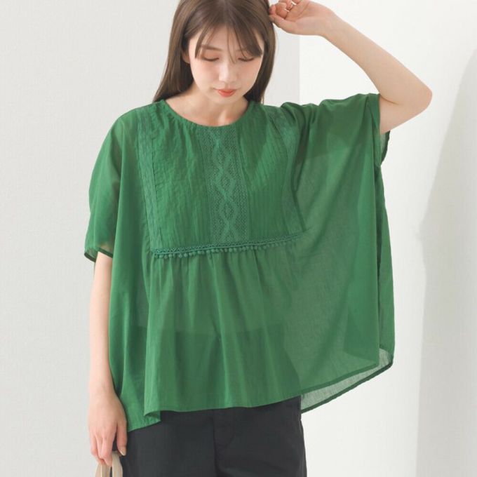 日本 OMNES - 印度棉 細節感輕透皺褶大寬袖上衣-卡其