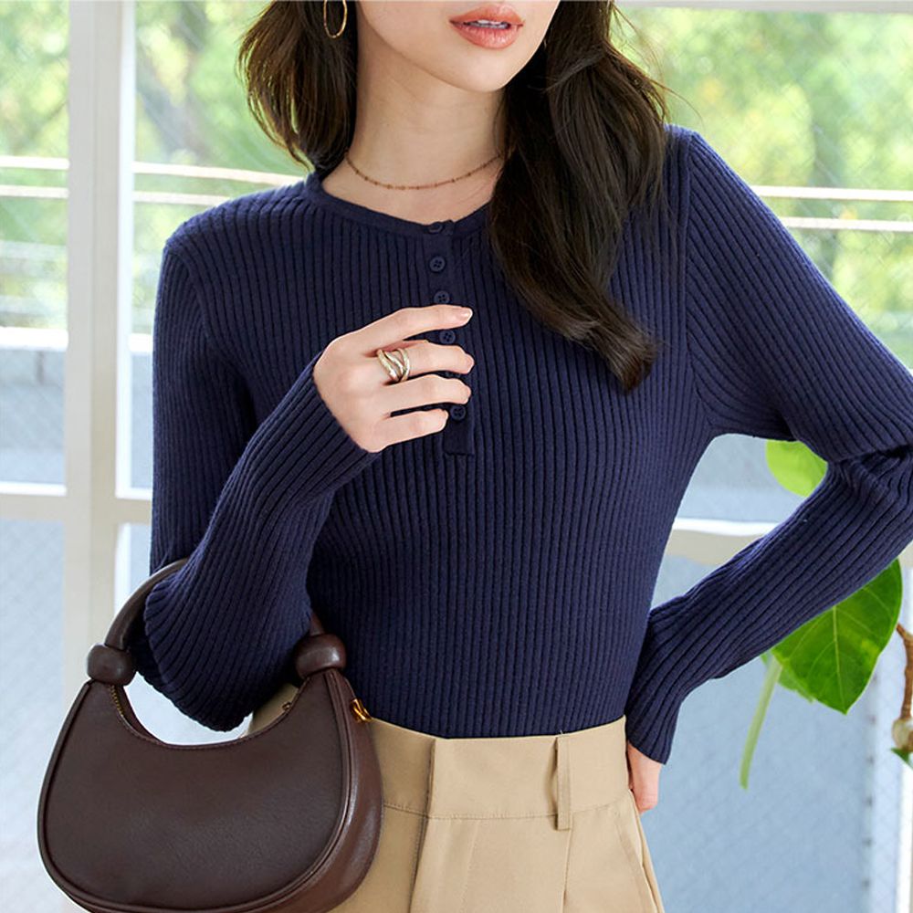 [定番]優美羅紋合身針織上衣(可選領)-海軍藍
