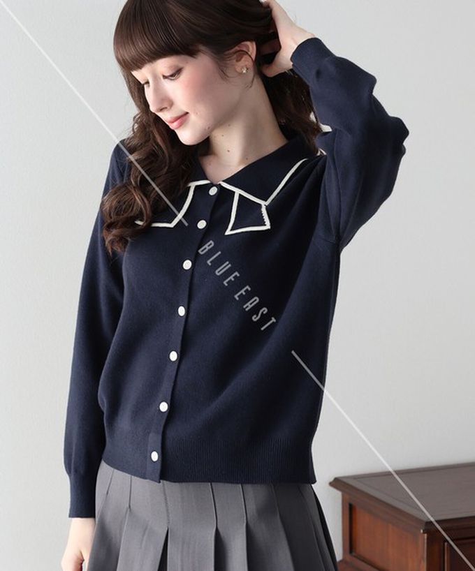 日本 BLUE EAST - 甜美蝴蝶結勾邊領針織上衣開襟衫-灰 (M)