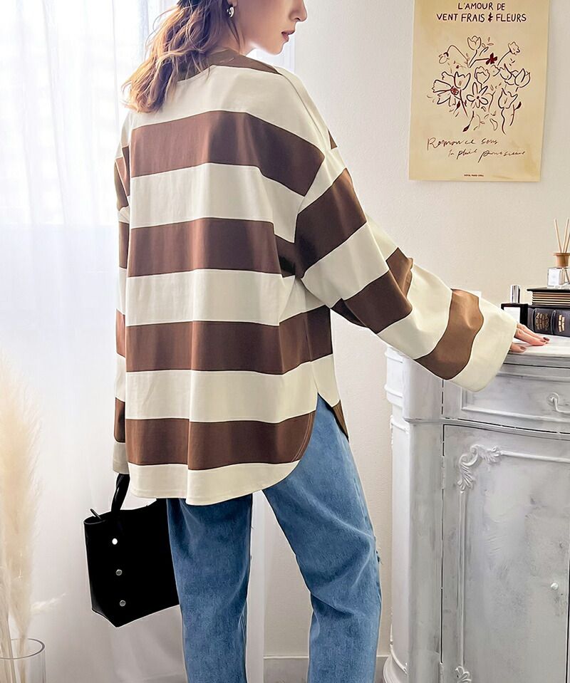 日本 Classical Elf - 美式休閒落肩長袖上衣-寬版條紋-米杏x棕