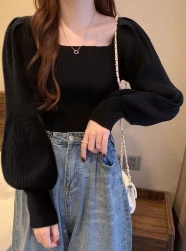 日本 GRL - 百搭方領彈性針織上衣-咖啡