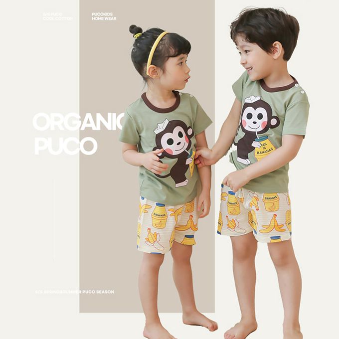 正韓 Puco - 超優質嬰幼兒/兒童短袖100% 有機棉家居服/睡衣-猴子喝香蕉牛奶