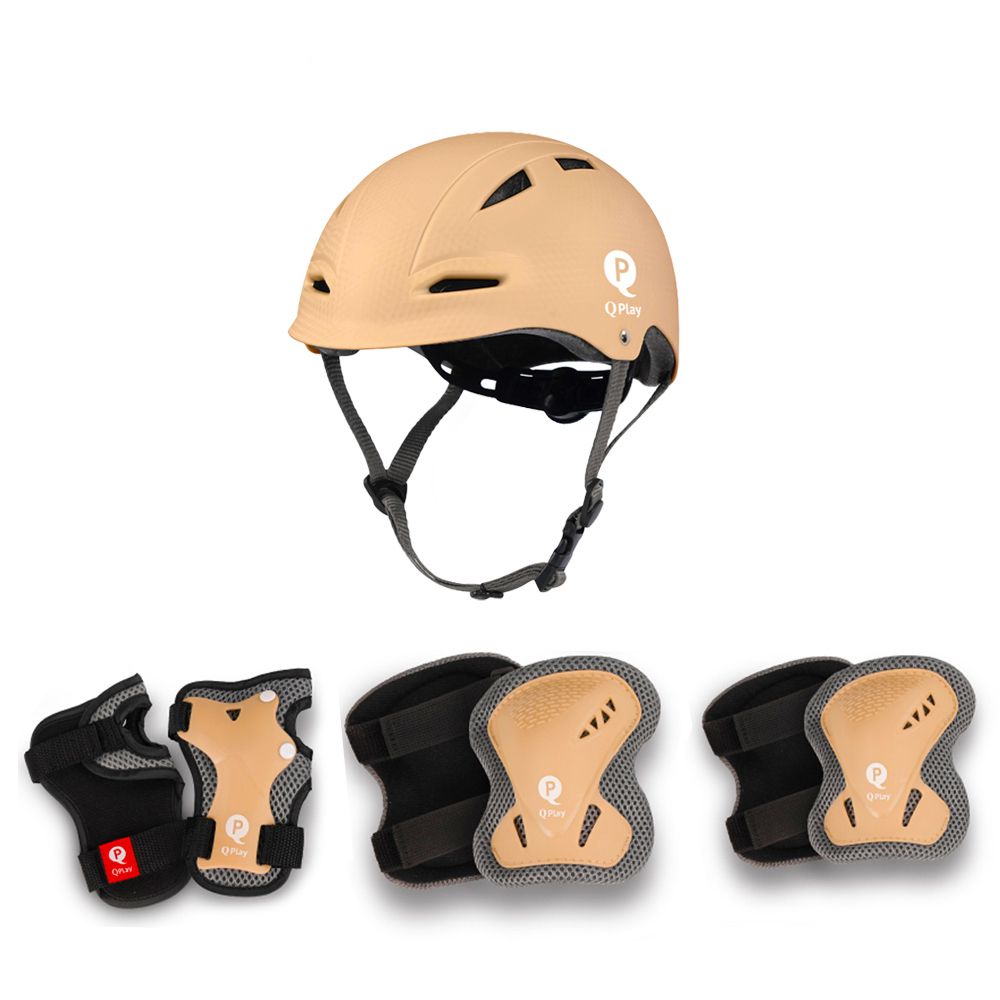 兒童自行車專用頭盔M+護具六件組S-卡其色