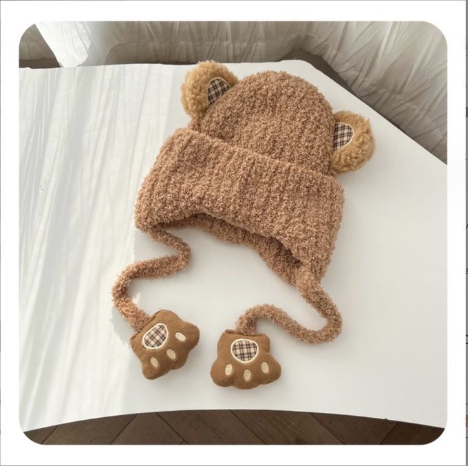 Love, Charlotte - 可愛焦糖色小熊珊瑚絨保暖帽 (頭圍:50~52cm (3歲+))