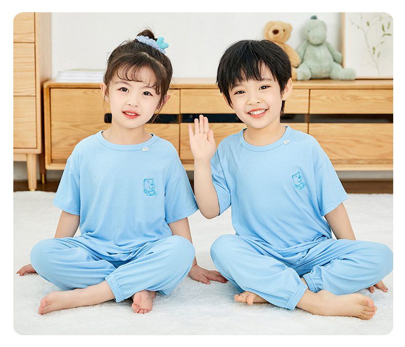 莫代爾透氣涼感短袖家居服套裝/空調服-熊熊-天空藍