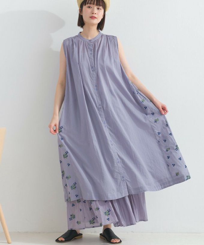 日本 Lupilien - 100%印度棉 優美植物側邊刺繡無袖洋裝-紫