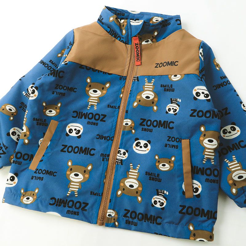 日本 ZOOLAND - 撥水加工 防風刷毛鋪棉外套-熊熊大集合-藍x卡其