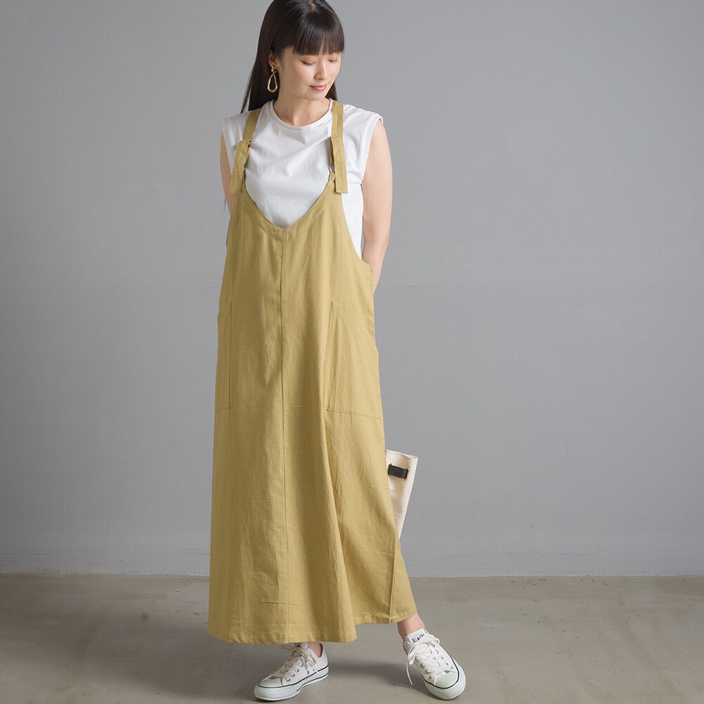日本女裝代購 - V 領純棉斜紋吊帶裙-薑黃 (Free size)