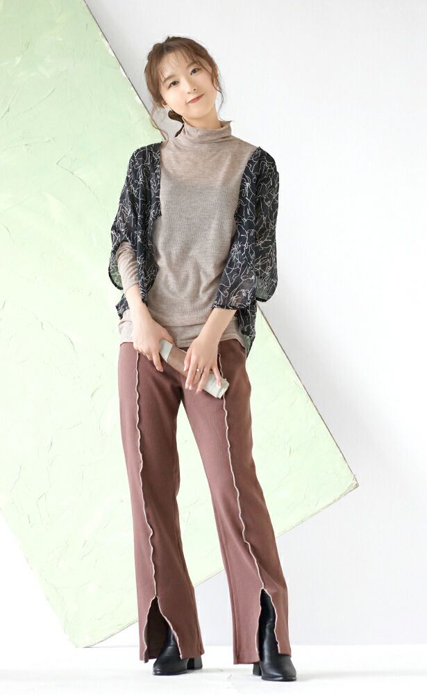 日本 zootie - 木耳滾邊前開衩寬褲-淺卡其