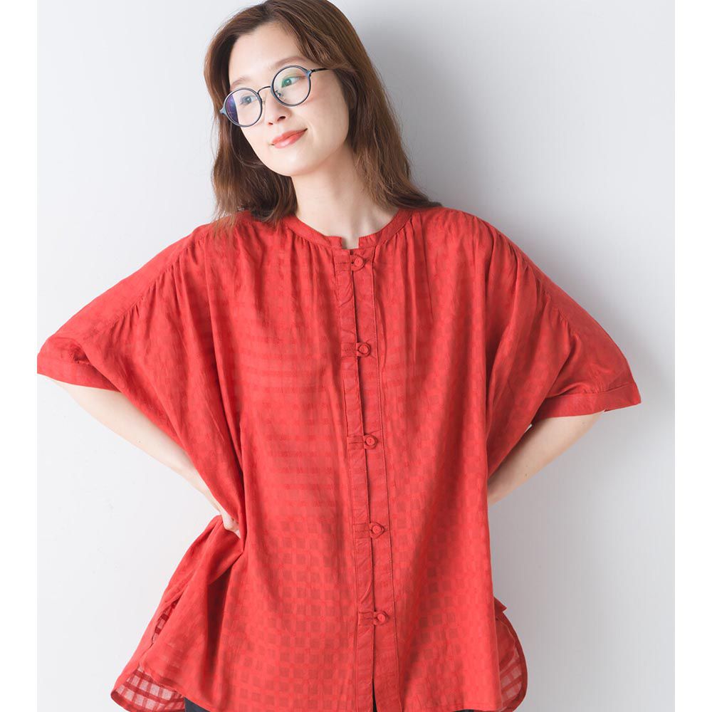 日本女裝代購 - 100%印度棉 透氣淺格紋短袖襯衫-活力紅