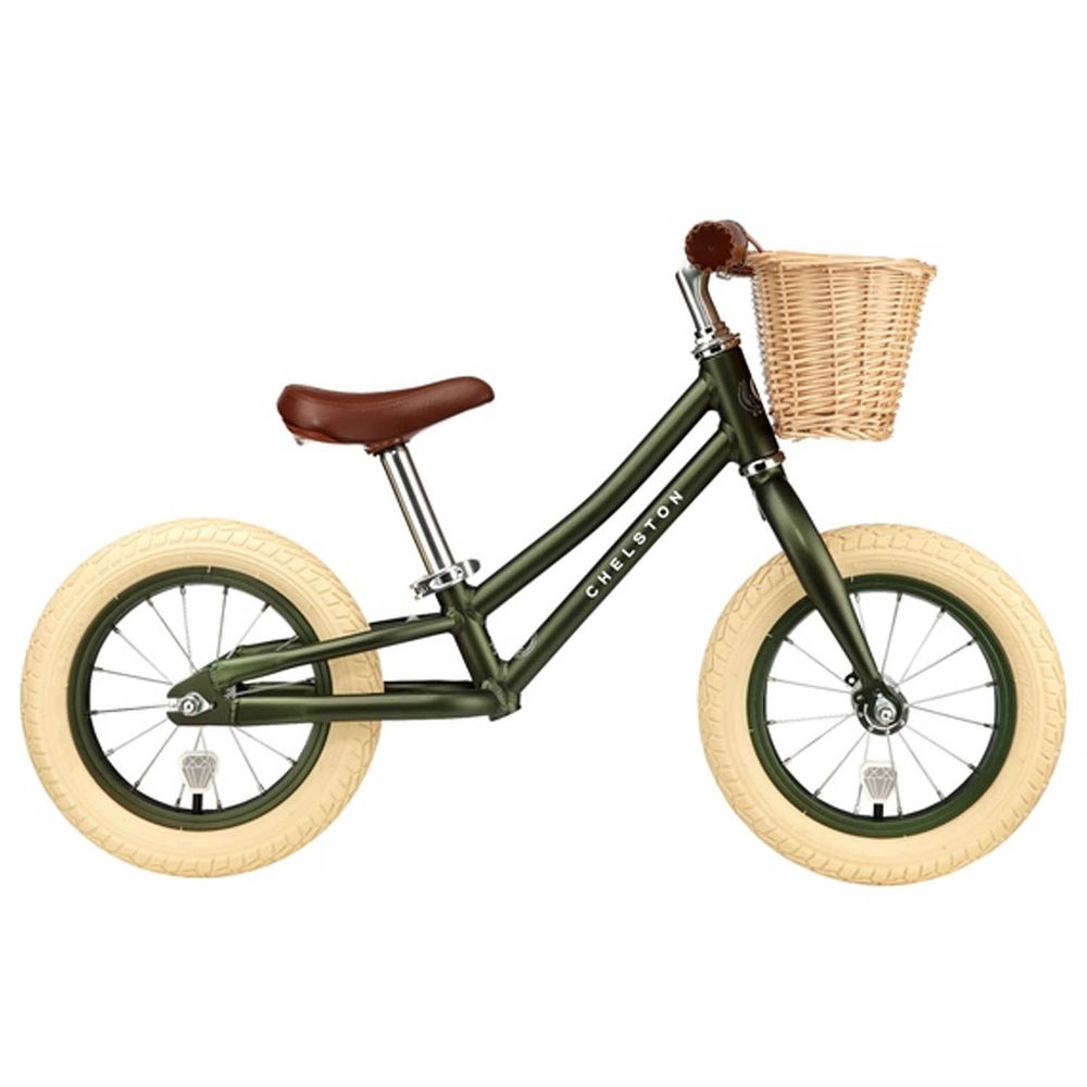 Chelston bikes - Mini Dutch 復古滑步車-橄欖綠-滑步車 x 1 , 手工編織竹籃 x 1 , 麻料內襯  x 1 , 3 歲以下專用ABS氣嘴蓋 x 1