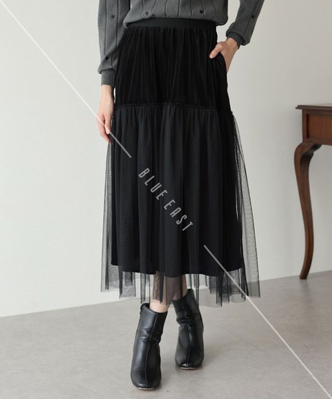 日本 BLUE EAST - 薄紗絲絨拼接飄逸長裙-(可選長度)-黑