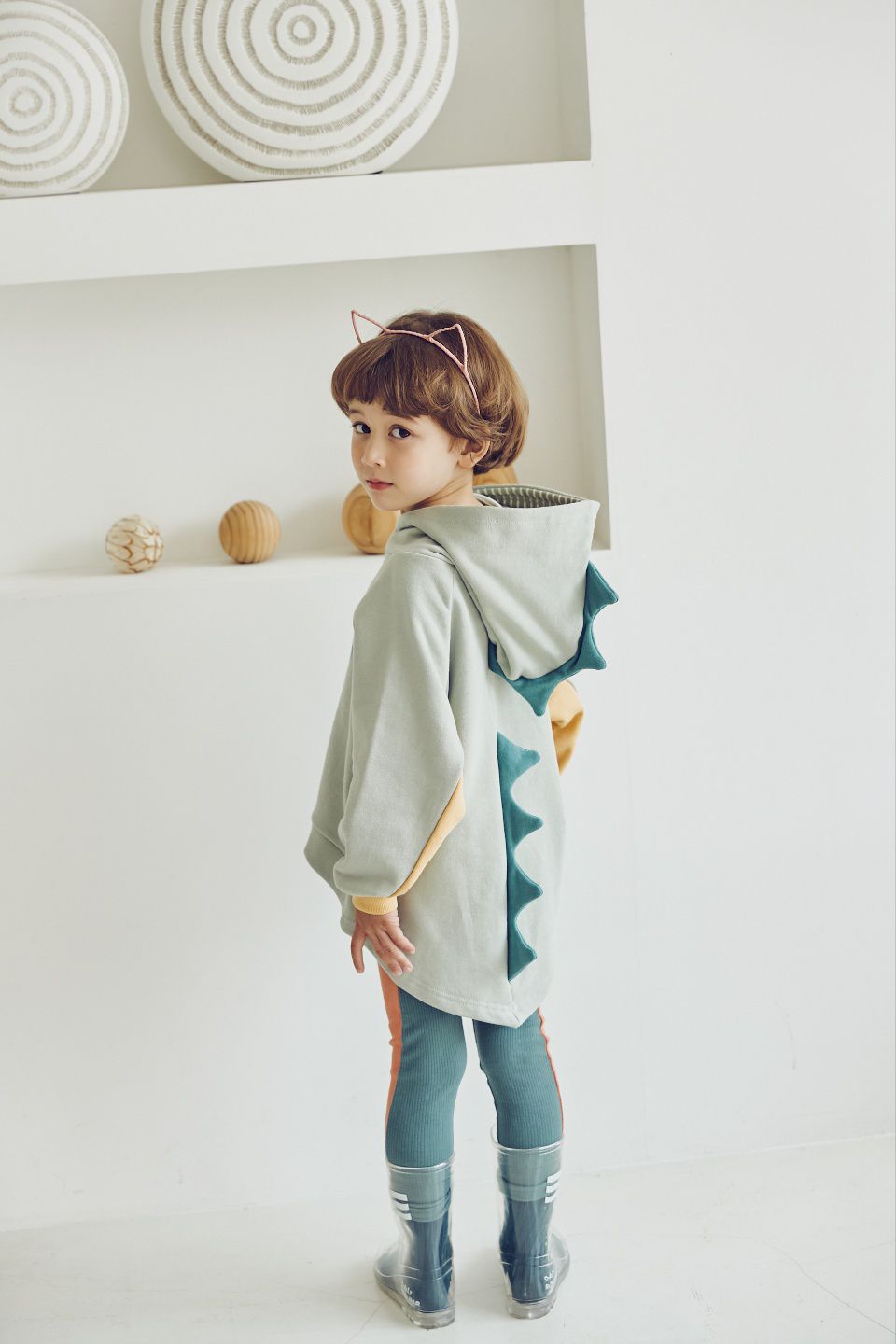 韓國 Mimico - 手繪恐龍立體造型連帽上衣-淺灰綠