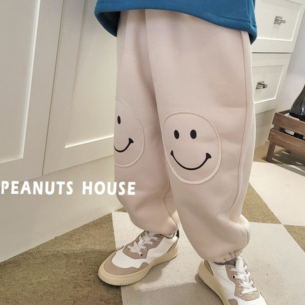 Peanuts House (內磨毛)鬆緊腰笑臉拼貼縮口長褲-米