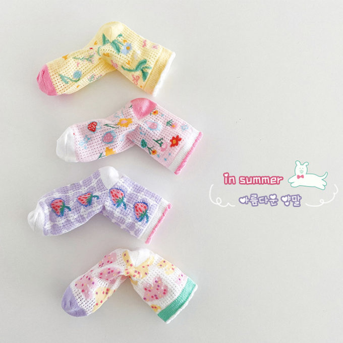 love, charlotte - 草莓花花薄款短筒棉襪-4 雙一組