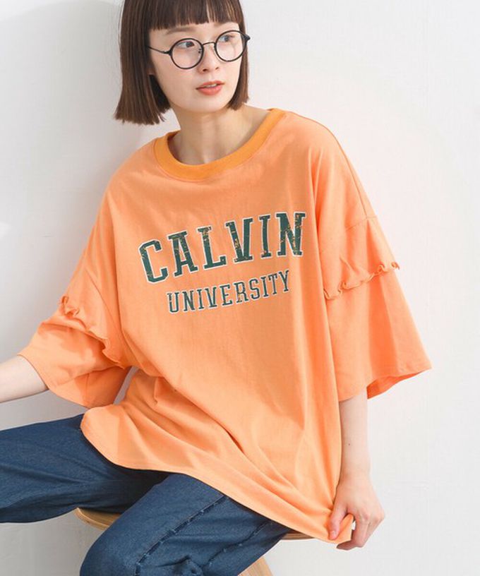 日本 Lupilien - 接觸冷感 學院風印花荷葉寬袖上衣-橘