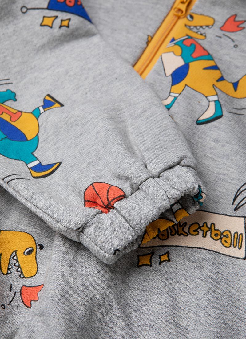 韓國 OZKIZ - 恐龍打籃球中領拉鍊上衣-灰