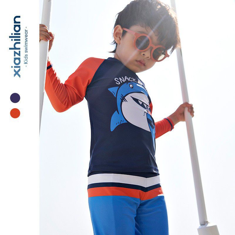 男寶防曬長袖泳裝套裝(附帽子)-鯊魚狩獵-深藍+橘紅