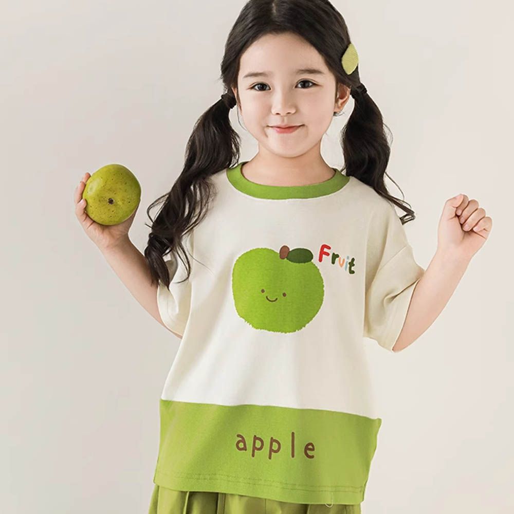 撞色拼接圓領短袖上衣-蘋果-綠色