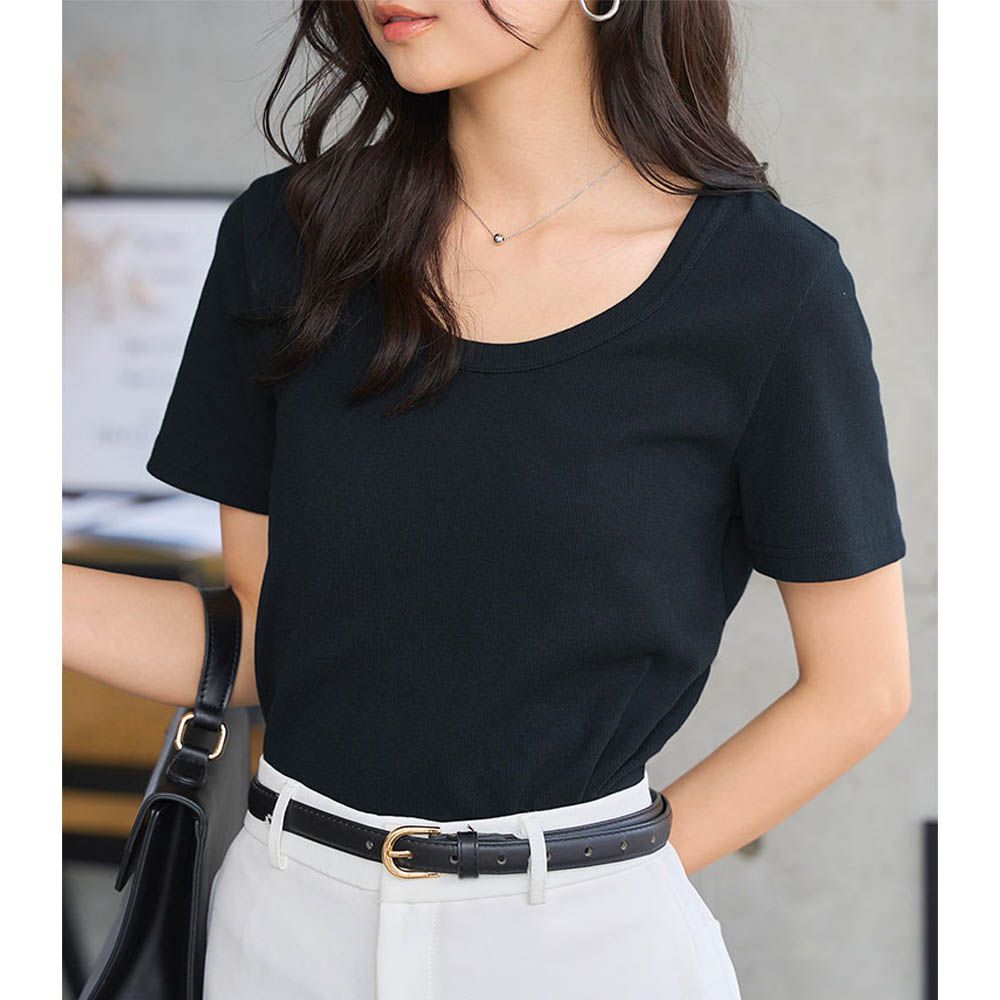 深U領神級美型舒適短袖上衣-海軍藍