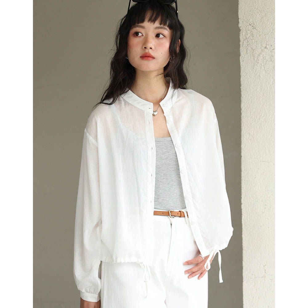 天絲亞麻立領下擺抽繩襯衫-梨花白