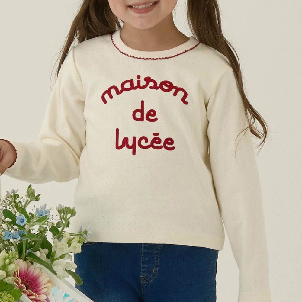 100%棉 優雅法式植絨印花長袖上衣-白