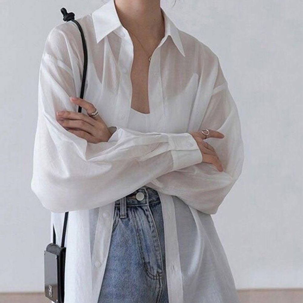 柔美透明感率性氣球袖襯衫-白 (M)