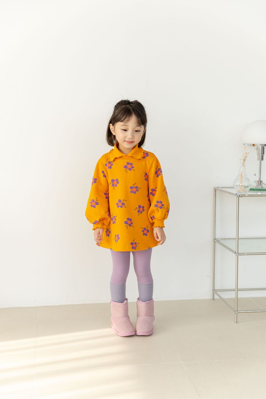 韓國 Orange Mom - 卷卷領可愛花花泡泡袖洋裝-橘黃