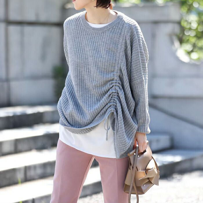 日本 ihuu - 側抽繩落肩船領針織上衣-米杏