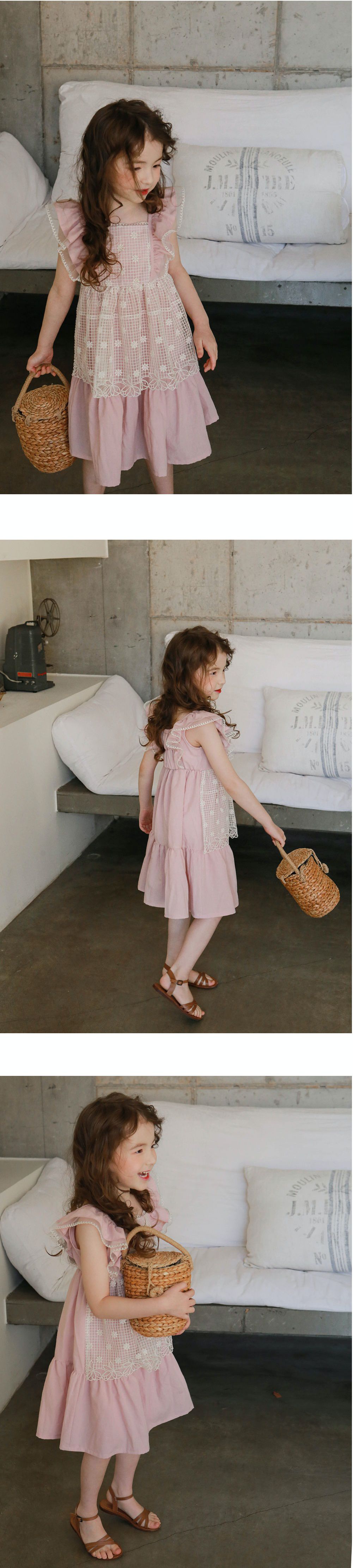 韓國 PuellaFLO - 假兩件格子花朵圍裙洋裝-粉紅