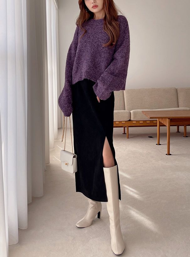 日本 GRL - 優雅百搭開衩麂皮長裙-深可可