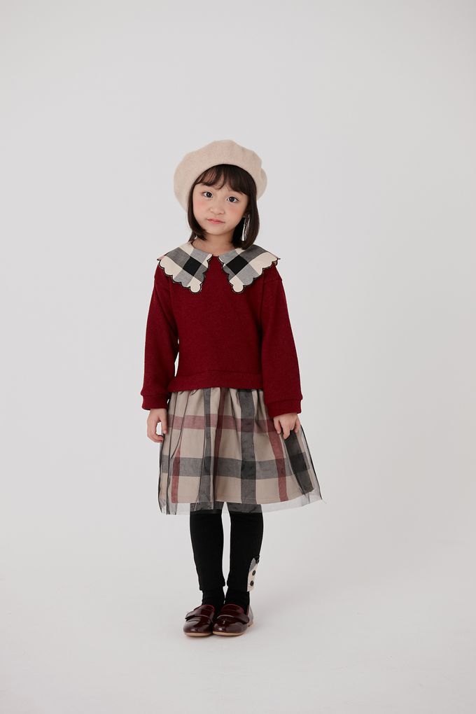 韓國 Coco Bang - 假兩件格紋拼接網紗洋裝-黑藍