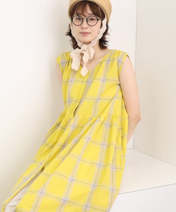 日本 Lupilien - 100%印度棉 清爽格紋開襟無袖洋裝-黃