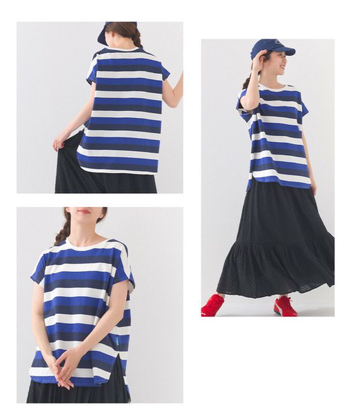 日本 OMNES - 接觸冷感 純棉不易皺法式袖上衣-粗條紋-藍綠x白