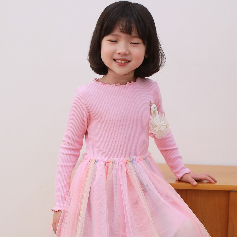 韓國 Coco Rabbit - 天鵝公主針織上衣彩虹紗洋裝-粉紅
