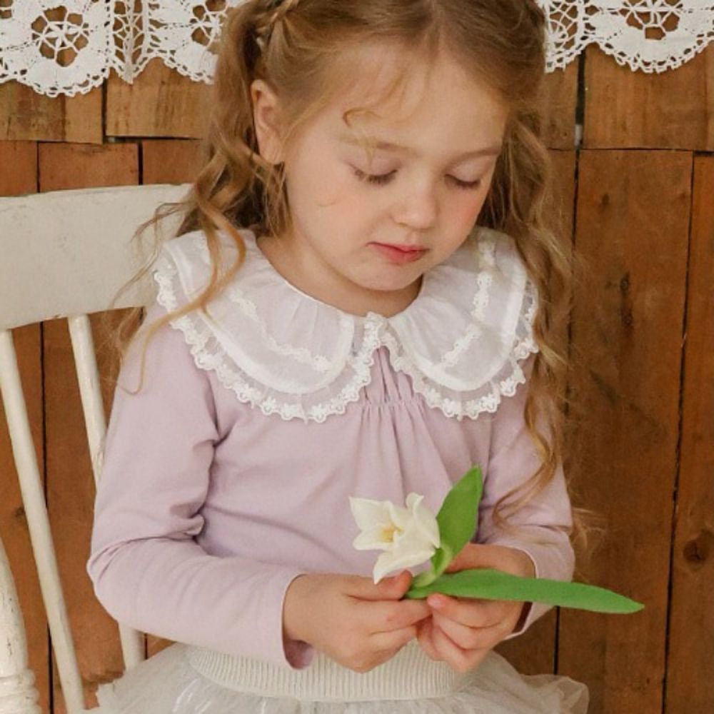 Puellaflo 法式浪漫精緻蕾絲翻領長袖上衣-粉