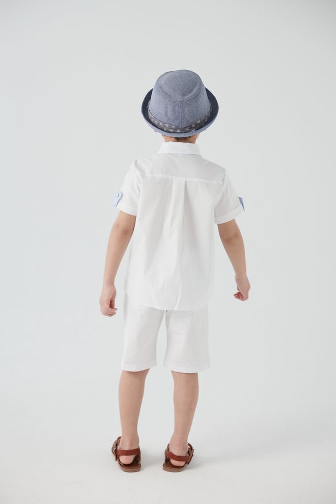 韓國 Coco Bang - 經典拼色壓紋翻領短袖襯衫-水藍