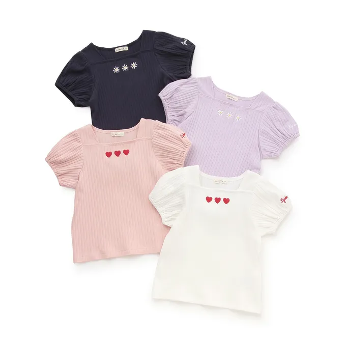 日本 Lycee mine - 方領羅紋可愛刺繡泡泡短袖上衣-愛心-粉紅