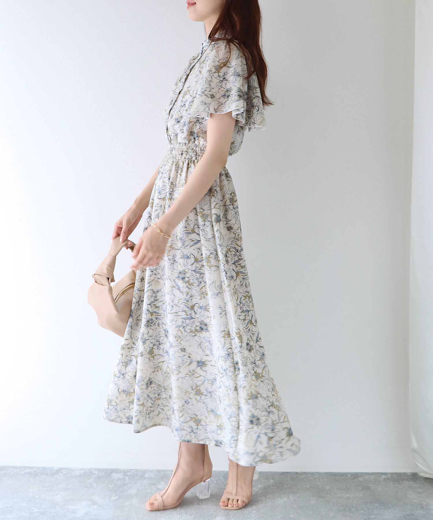 日本 BLUE EAST - 浪漫時光碎花雪紡短袖洋裝-寧靜花園-淺粉紫