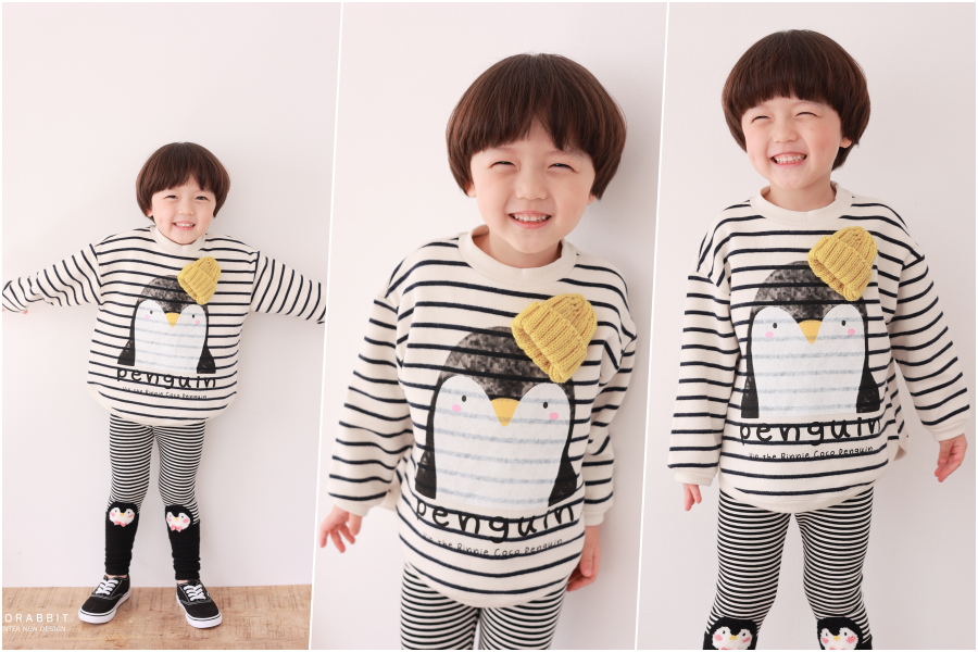 韓國 Coco rabbit - 針織帽企鵝印條紋長袖上衣-芥黃