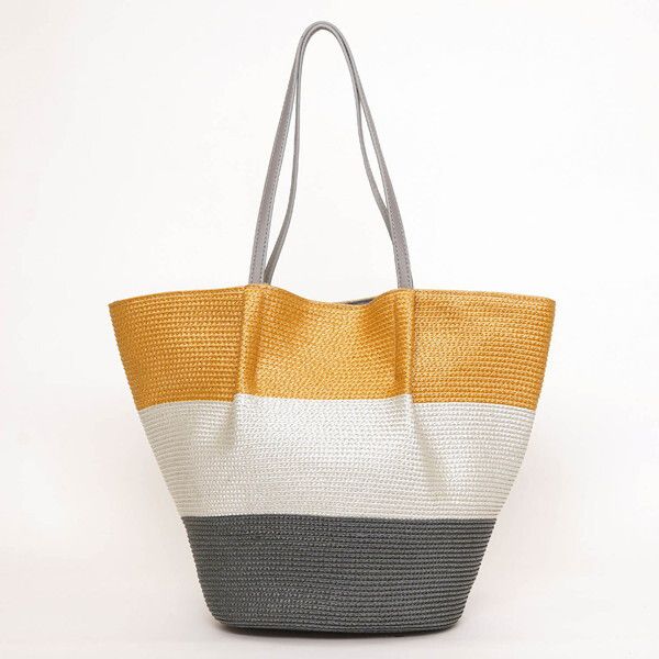 日本 COOCO - 三配色大容量托特手提包-灰米咖 (21x30x15cm)