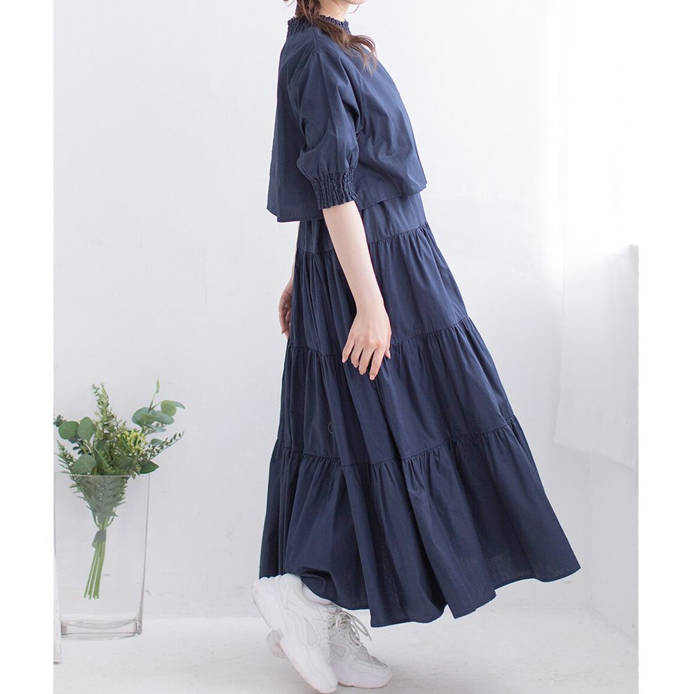 日本 Bou Jeloud - 俏皮假兩件層次感五分袖蛋糕長洋裝-深藍