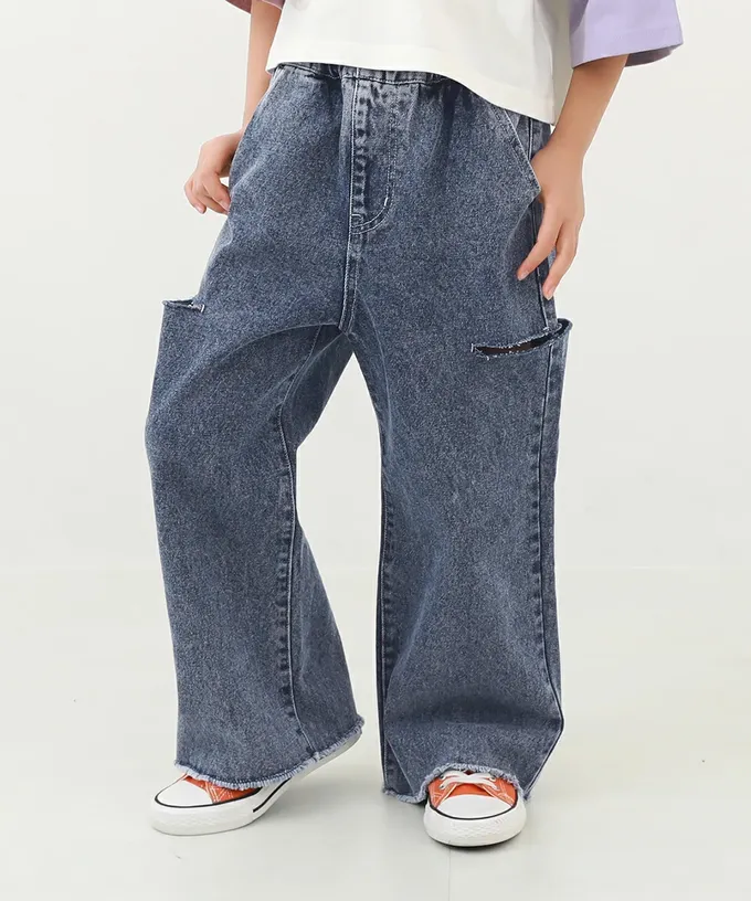 日本 devirock - 純棉舒適時尚鏤空丹寧褲-復古刷色-炭黑