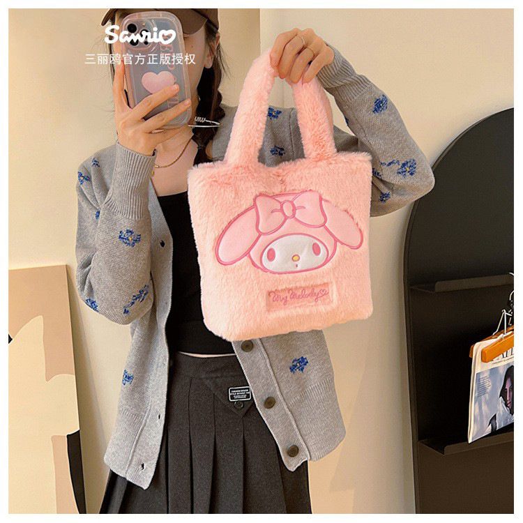 卡通毛茸茸大容量手提袋-卡通人物Hello Kitty-白色 (30x10x(27+17)cm)